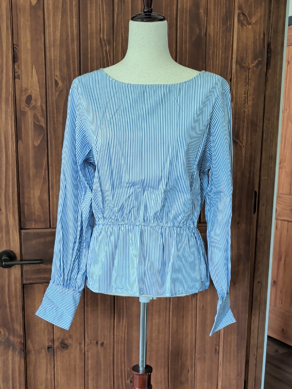 NWT M Ralph Lauren Blue and White Striped Long-Sleeve Blouse